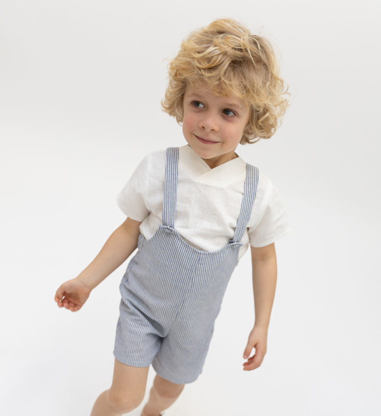 Baby Linen Striped Overall - Blue