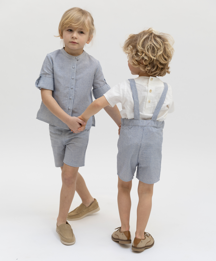 Baby Linen Striped Overall - Blue