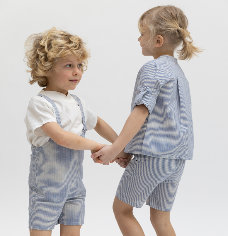 Baby Linen Striped Overall - Blue