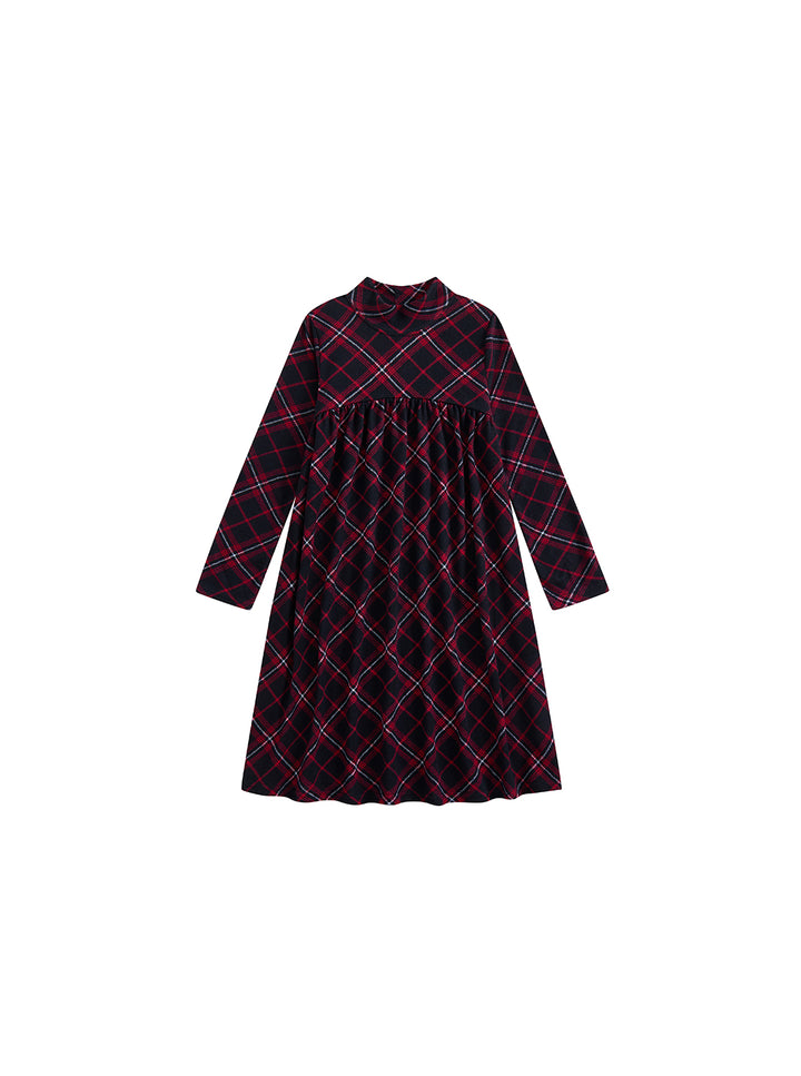 Plaid Mock Neck Dress - Burgundy