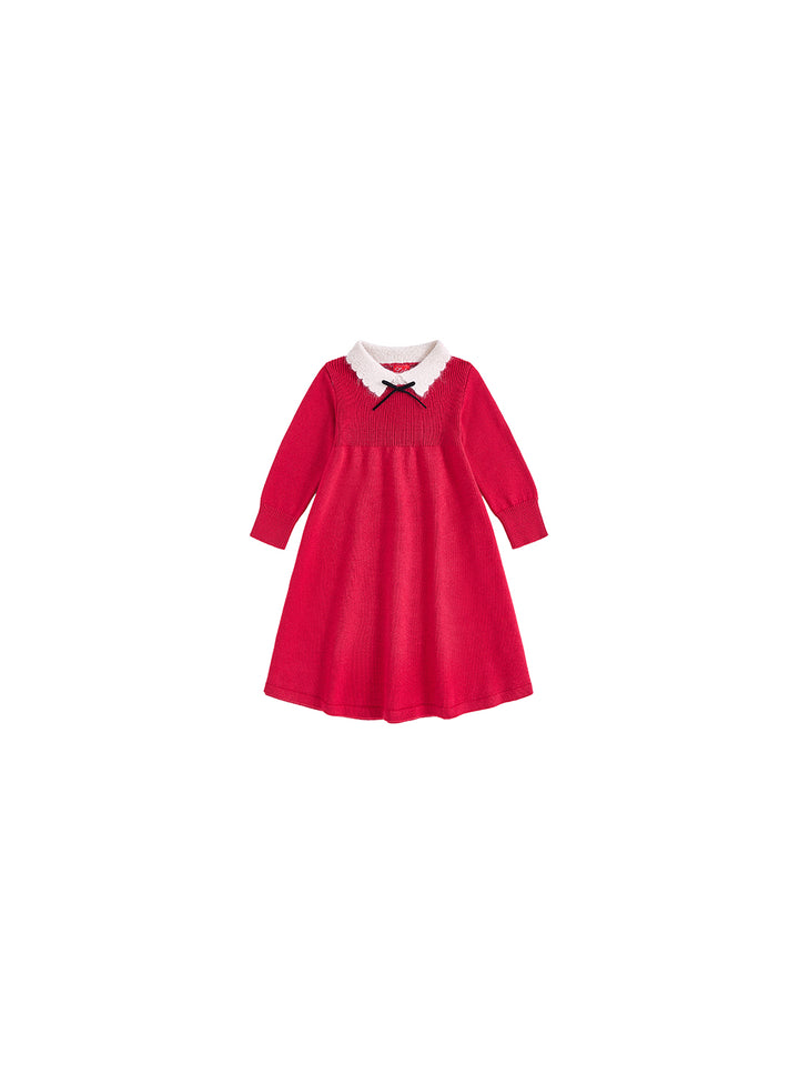 Knitted Scallop Mohair Collar Dress - Red Mix