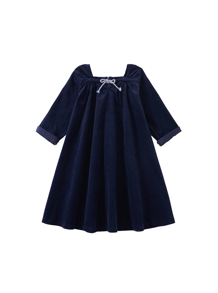 Cord & Check Trim Dress - Navy