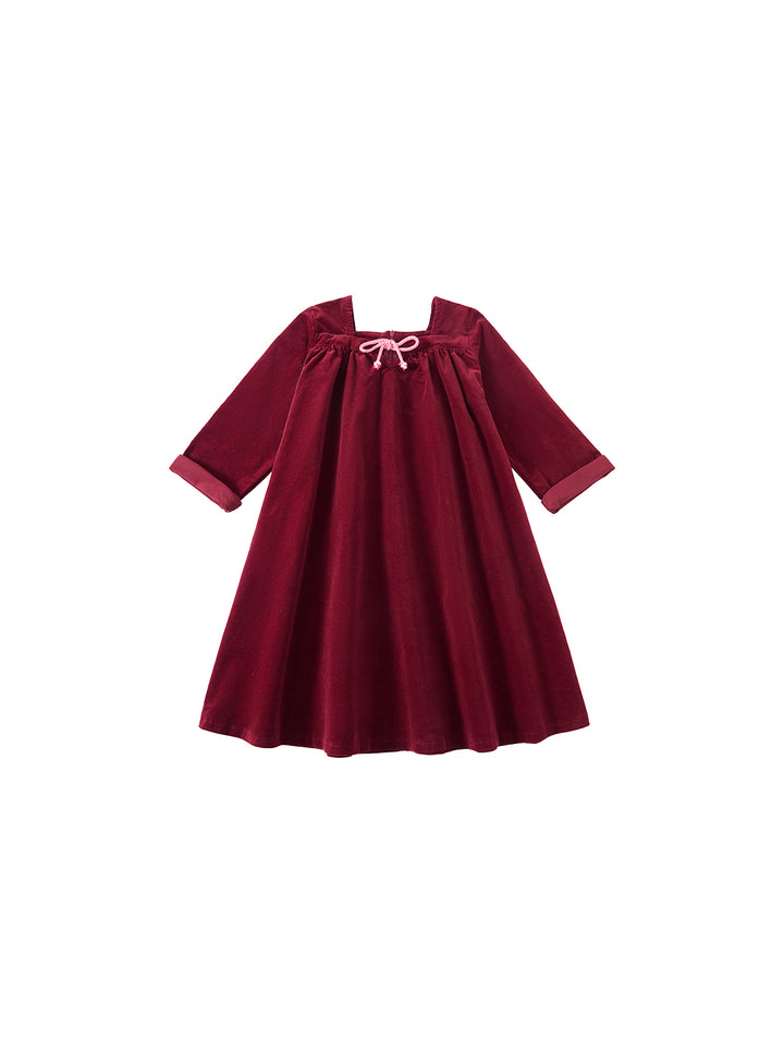 Cord & Check Trim Dress - Burgundy