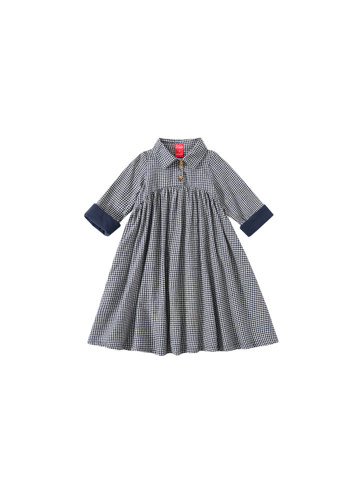 Cord & Check Shirt Style Dress - Navy