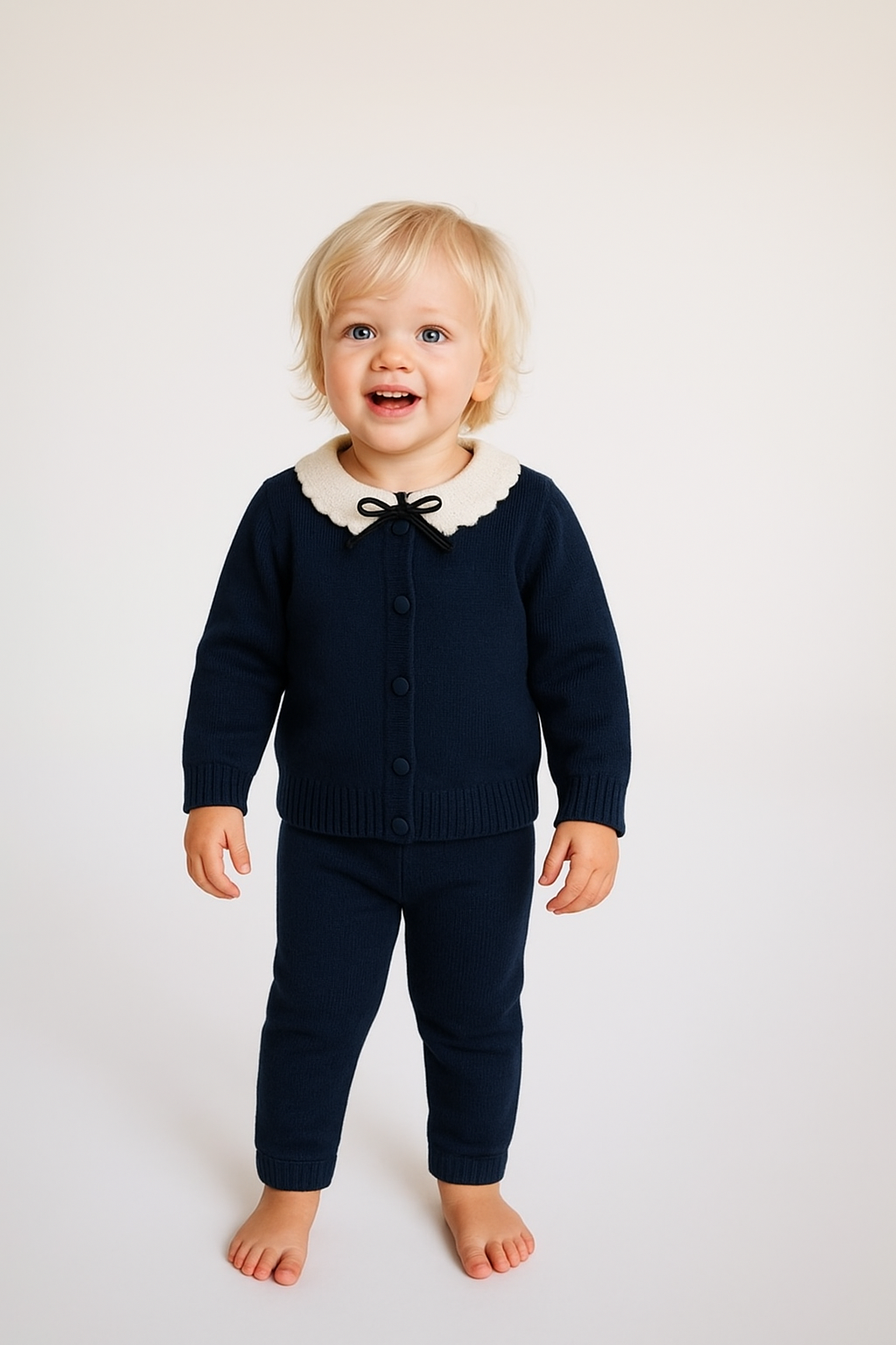 Knitted Scallop Mohair Collar Set - Navy