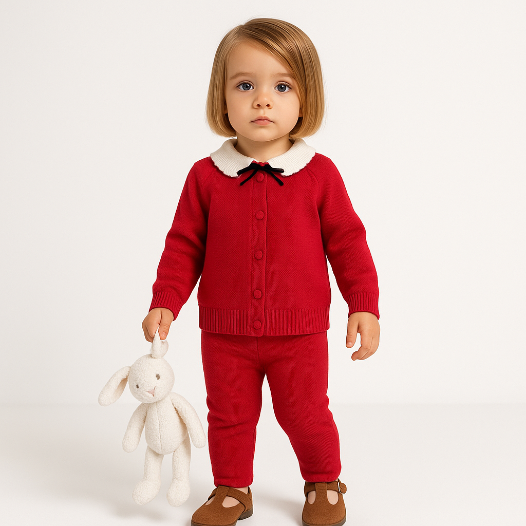 Knitted Scallop Mohair Collar Set - Red Mix